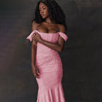 Floral Jacquard Off Shoulder Corset Ruched Mermaid High Low Gown