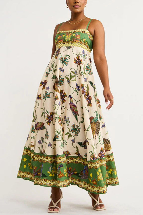 Bird Print Border Hem Spaghetti Strap Fit and Flare Pocket Maxi Dress