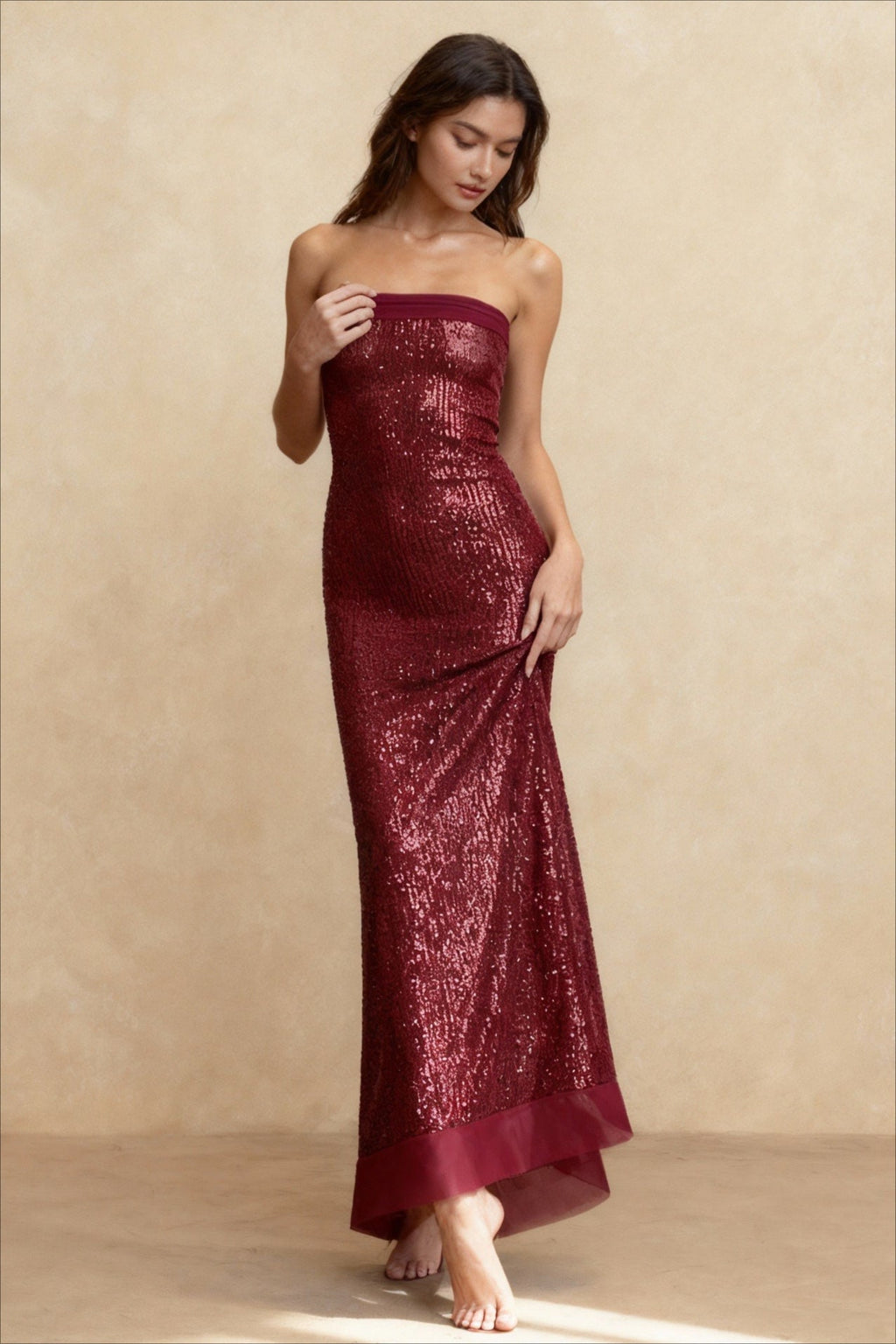 Sequin Strapless Bandeau Column Maxi Dress