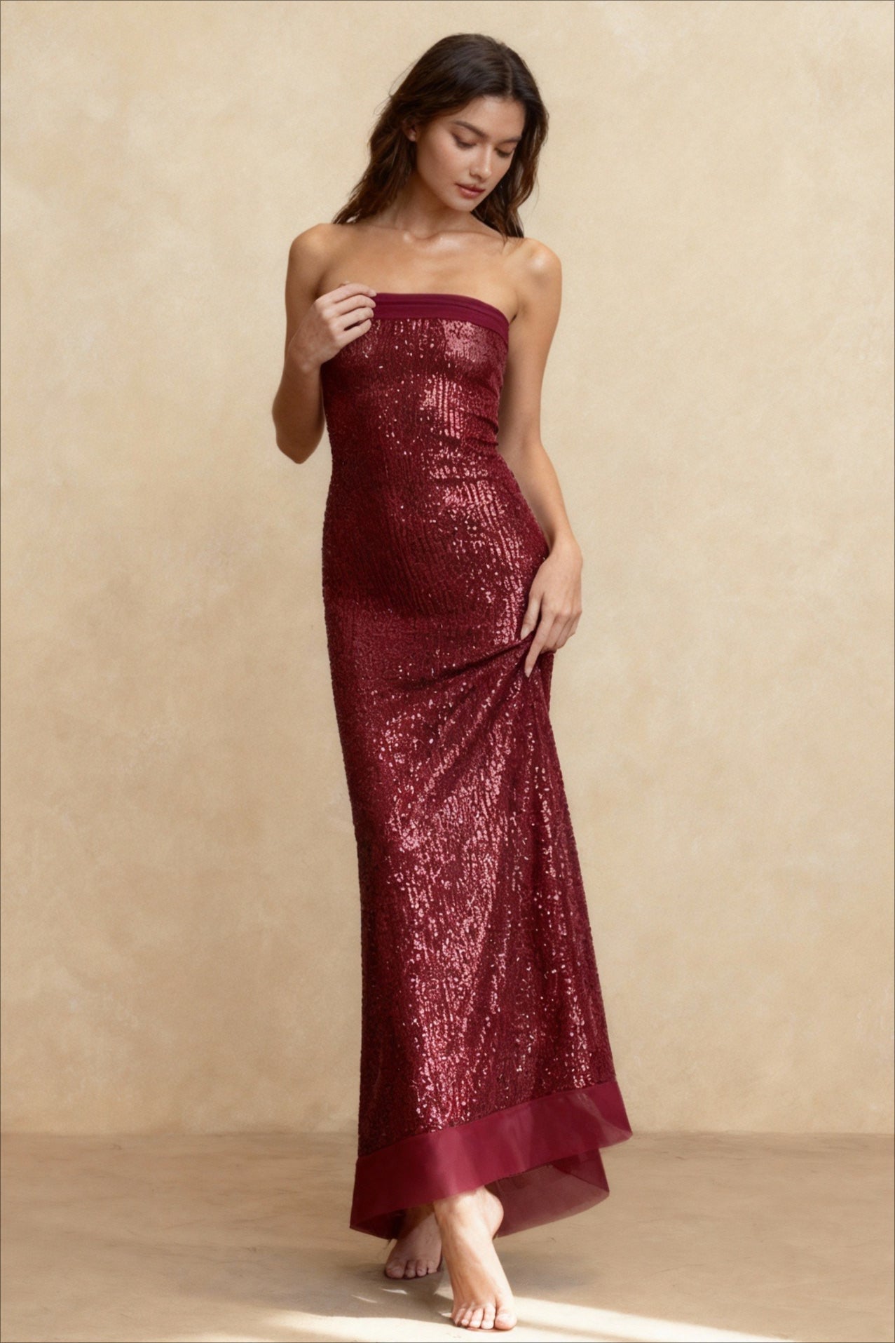 Sequin Strapless Bandeau Column Maxi Dress