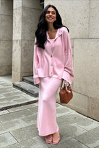 Long Sleeve Cardigan Cami Skirt Knit Set