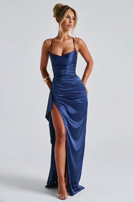 Satin Spaghetti Strap Ruched Drape High Split Bodycon Maxi Mini Dress