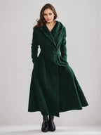 Woolen Flared Coat With Hood Vintage Belted A-line Winter Long Outerwear For Women 2026