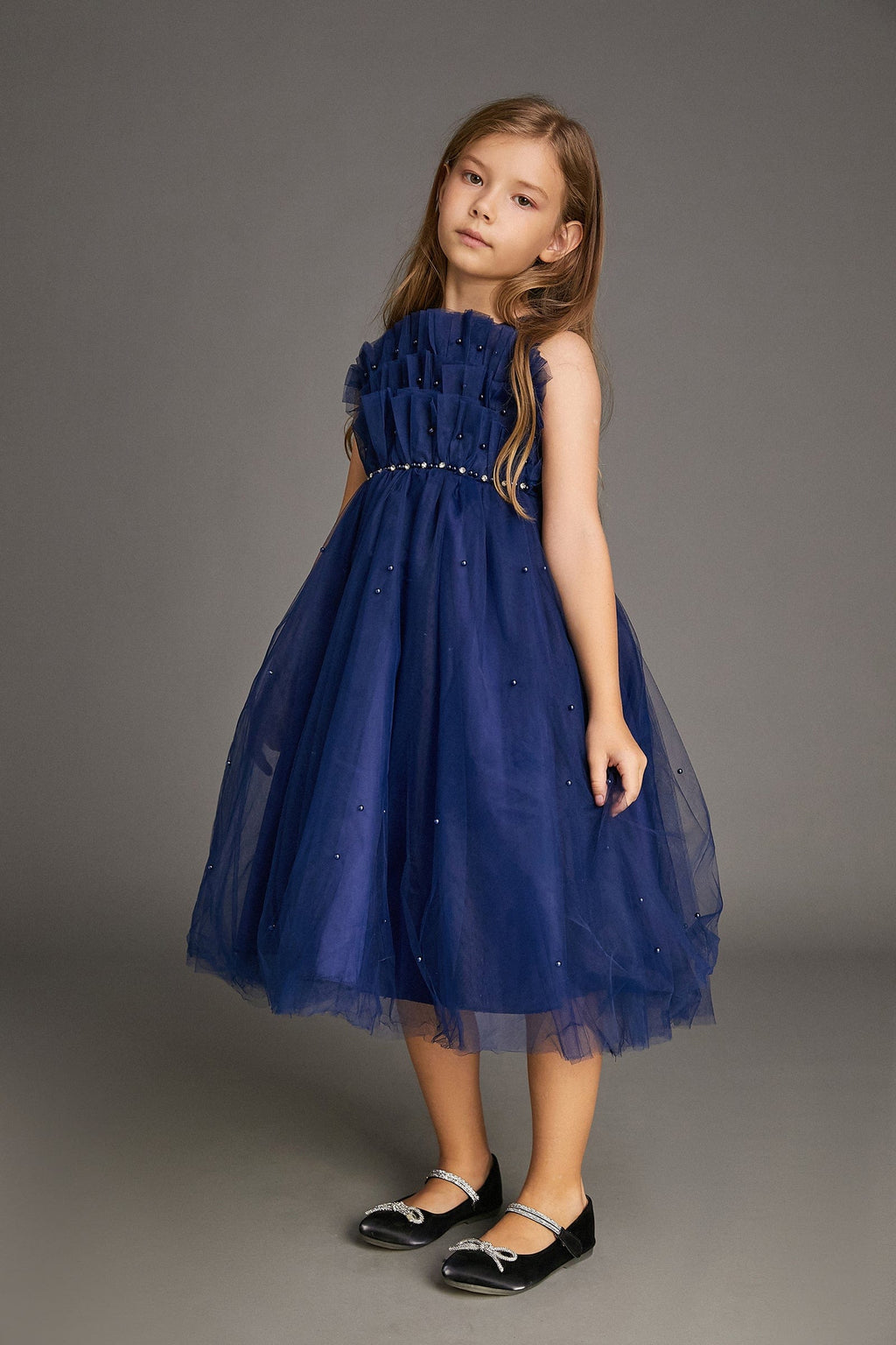 Girls Strapless Ruffled Pearl Embellished Tulle Maxi Mini Dress
