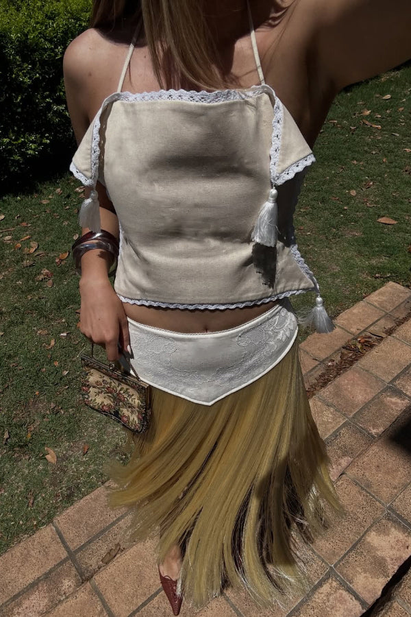 Stylish Halter Neck Lace Up Tassel Pendant Backless Top