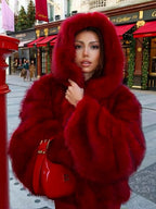 Burgundy Hooded Faux Fur Jacket For Women 2026