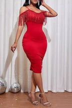 Sequin Fringe Off Shoulder Ruched Bodycon Midi Cocktail Dress