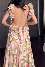 Ruffled V Neck Sleeveless Slim  Fit Floral Dress