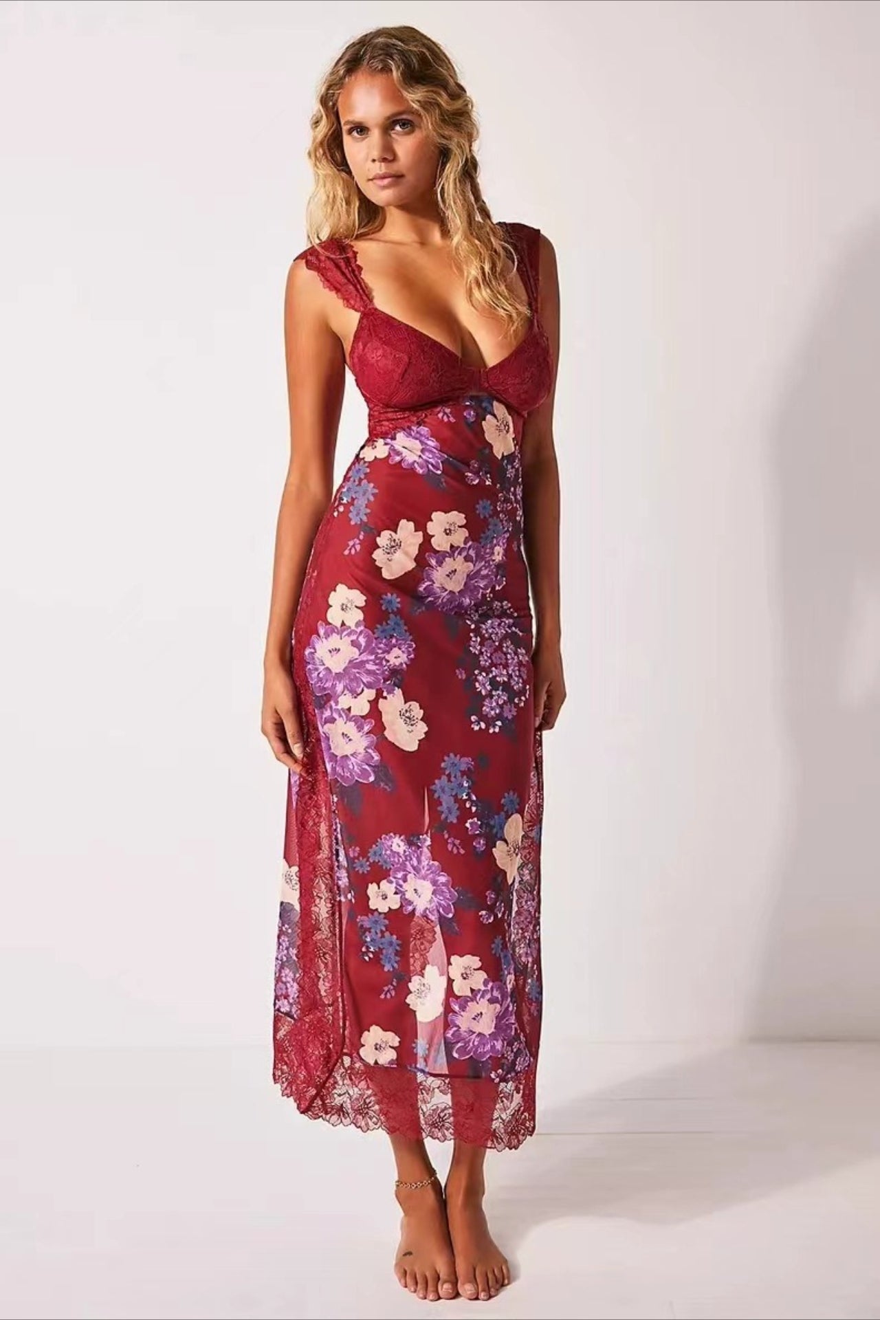 Sweetheart Lace Cap Sleeve Triangle Cutout Floral Print Bodycon Midi Dress