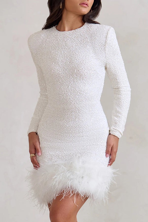 Sequin Long Sleeve Feather Trim Bodycon Mini Dress