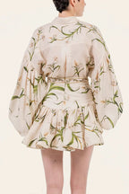 Botanical Print Puff-Sleeve Blouse & Ruffled Skirt Set