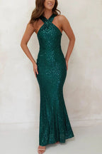 Sequin Cross Halter Neck Mermaid Flare Maxi Gown
