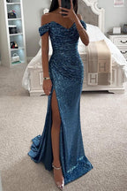 Off Shoulder Sweetheart Ruched Sequin Thigh Slit Maxi Gown