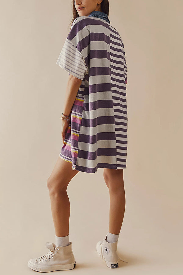 Denim Collar Striped Patchwork Polo Rugby Mini Dress