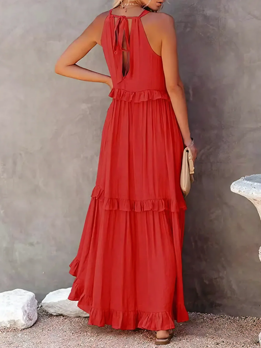 High Neck Smocked Halter Sleeveless Tiered Ruffle Maxi Dress