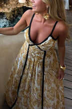 Floral Print Spaghetti Strap Contrast Trim Pleated Maxi Dress