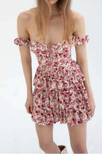 Floral Print Off Shoulder Lace Up Corset Tiered Ruffle Mini Dress