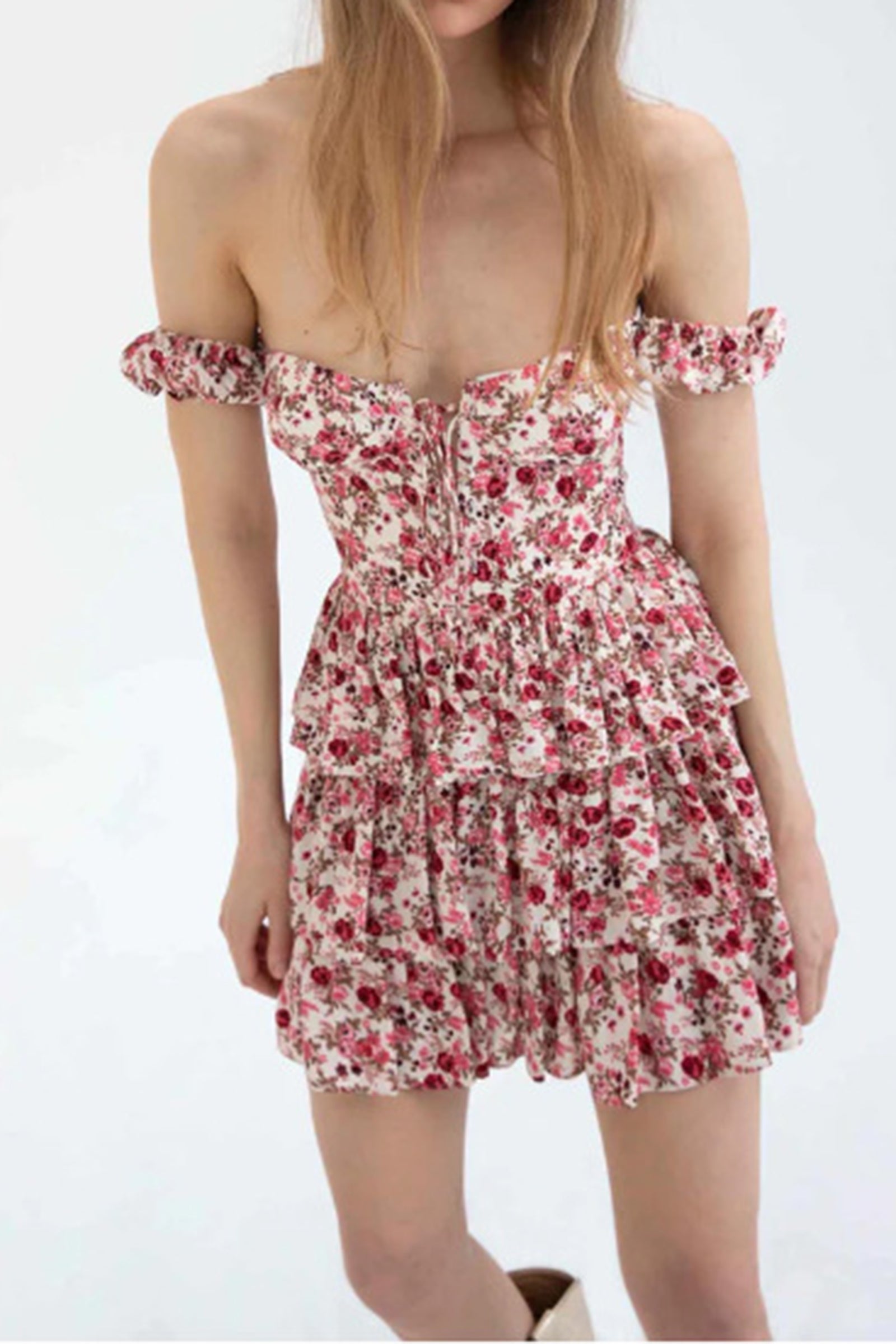 Floral Print Off Shoulder Lace Up Corset Tiered Ruffle Mini Dress