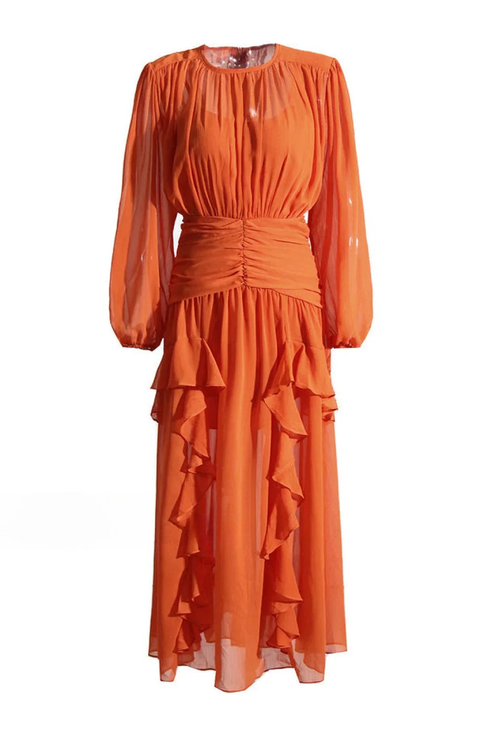 Chiffon Bishop Sleeve High Neck Ruched Waist Cascading Ruffle Tier Maxi Dress