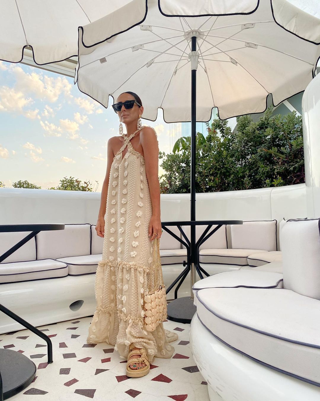 3D Floral Applique Crisscross Halter Tiered Maxi Dress