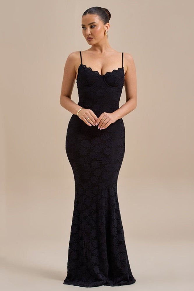 Spaghetti Strap Sweetheart Lace Bustier Mermaid Maxi Dress