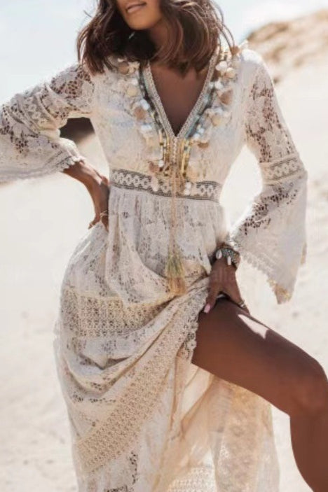 Lace Deep V-Neck Seashell Tassel Long Bell Sleeve Panel High Split Maxi Dress