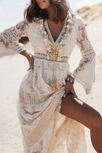 Lace Deep V-Neck Seashell Tassel Long Bell Sleeve Panel High Split Maxi Dress