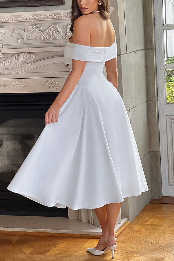 Off Shoulder Foldover Cuff Pleated Pocket Fit and Flare Midi Dress