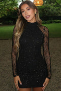 Black Turtleneck Long Sleeve Lace Rhinestone Bodycon Mini Dress