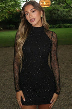 Black Turtleneck Long Sleeve Lace Rhinestone Bodycon Mini Dress