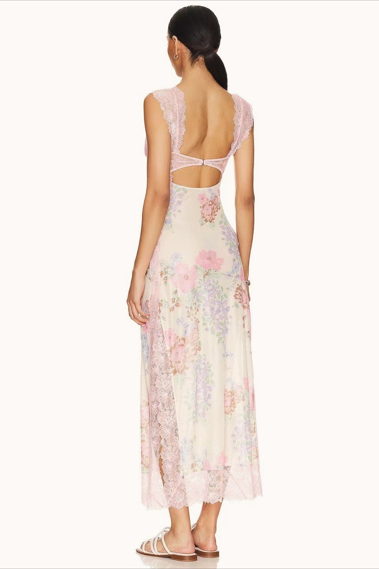 Sweetheart Lace Cap Sleeve Triangle Cutout Floral Print Bodycon Midi Dress