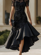 Sheer Neckline High-Low Midi Dress With Sculpted Silhouette