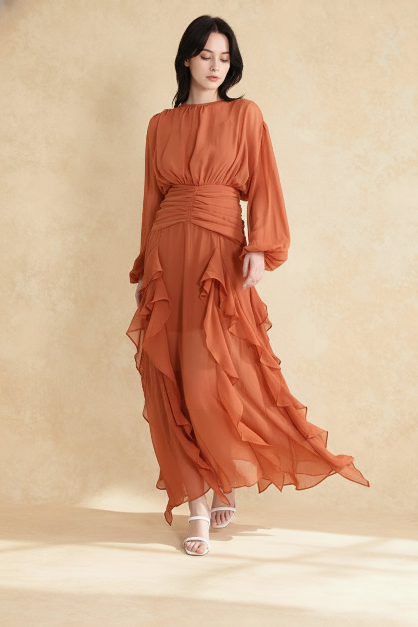 Chiffon Bishop Sleeve High Neck Ruched Waist Cascading Ruffle Tier Maxi Dress