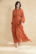 Chiffon Bishop Sleeve High Neck Ruched Waist Cascading Ruffle Tier Maxi Dress
