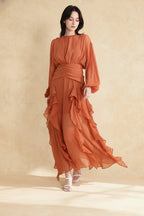Chiffon Bishop Sleeve High Neck Ruched Waist Cascading Ruffle Tier Maxi Dress