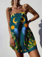 Celestial Serpent Print Spaghetti Strap Square Neck Slip Mini Dress
