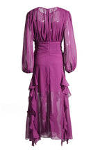 Chiffon Bishop Sleeve High Neck Ruched Waist Cascading Ruffle Tier Maxi Dress