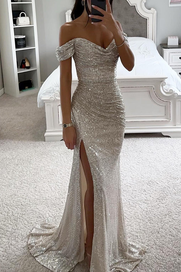 Off Shoulder Sweetheart Ruched Sequin Thigh Slit Maxi Gown
