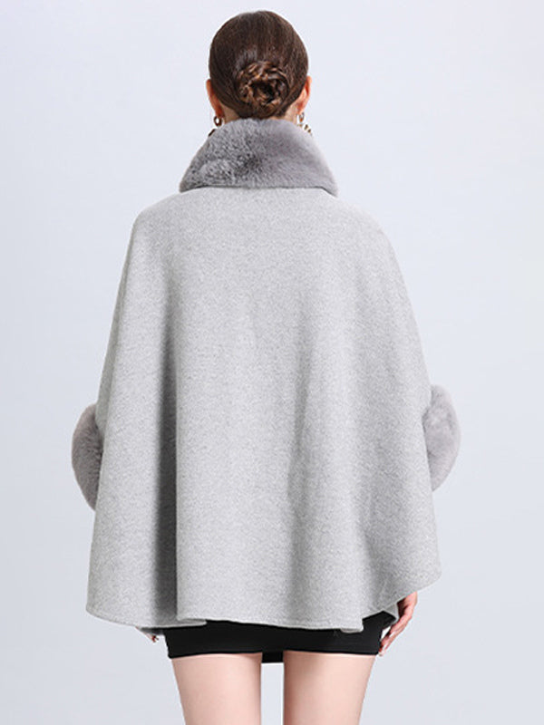 Women Poncho High Collar Light Gray Oversized Faux Fur Cape