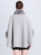 Women Poncho High Collar Light Gray Oversized Faux Fur Cape