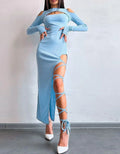 Ribbed Knit Mock Neck Keyhole Cold Shoulder Lace Up Leg Detail Midi Dress