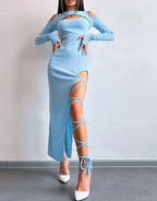 Ribbed Knit Mock Neck Keyhole Cold Shoulder Lace Up Leg Detail Midi Dress