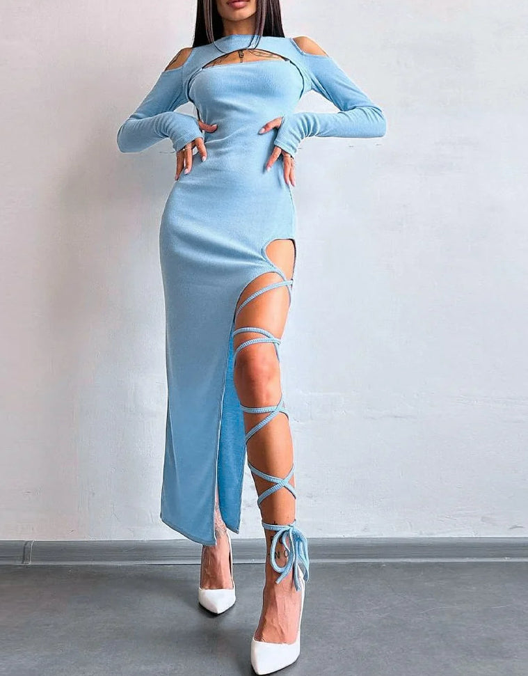 Ribbed Knit Mock Neck Keyhole Cold Shoulder Lace Up Leg Detail Midi Dress