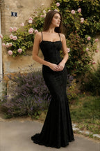 Floral Jacquard Spaghetti Strap Square Neck Mermaid Maxi Gown