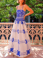 Crochet Lace Bodice Floral Embroidered Tiered Maxi Dress
