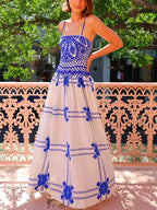 Crochet Lace Bodice Floral Embroidered Tiered Maxi Dress