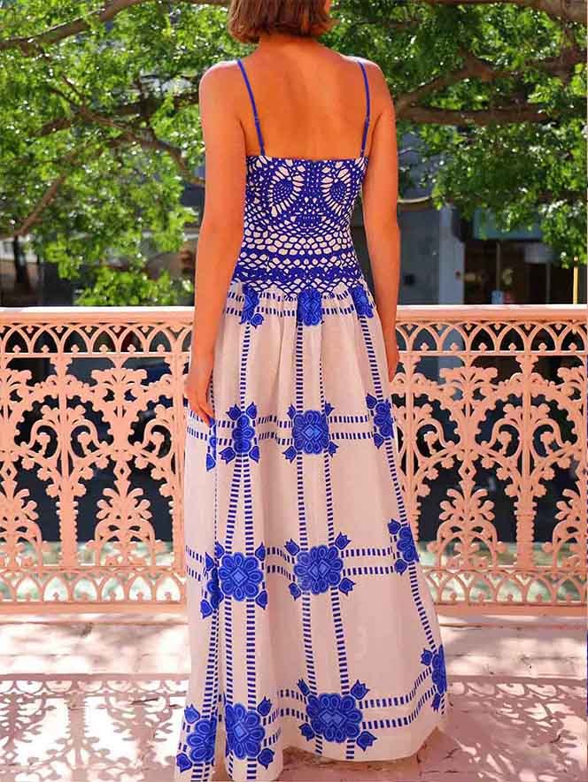 Crochet Lace Bodice Floral Embroidered Tiered Maxi Dress