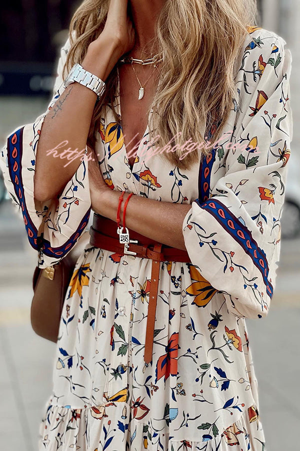 Botanical Floral Print V-Neck Button Front Bishop Sleeve Tiered Maxi Dress