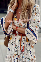 Botanical Floral Print V-Neck Button Front Bishop Sleeve Tiered Maxi Dress