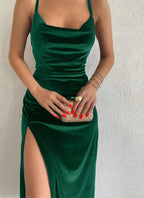 Velvet Cowl Neck Spaghetti Strap Side Ruched High Slit Midi Dress